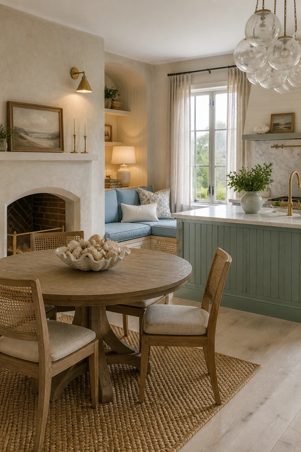 A round wooden dining table with cane-back chairs sits on a woven rug in front of a white plaster fireplace, with a green kitchen island and blue built-in bench visible in the background.