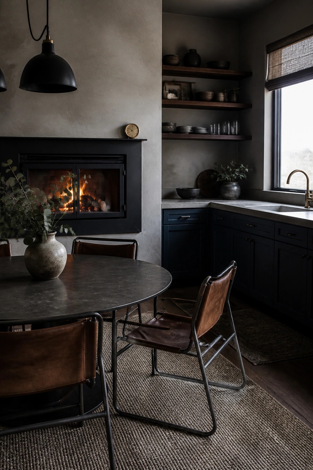 A round dark dining table with brown leather chairs sits on a woven rug in front of a lit black fireplace, with dark blue kitchen cabinets and floating shelves visible to the right.