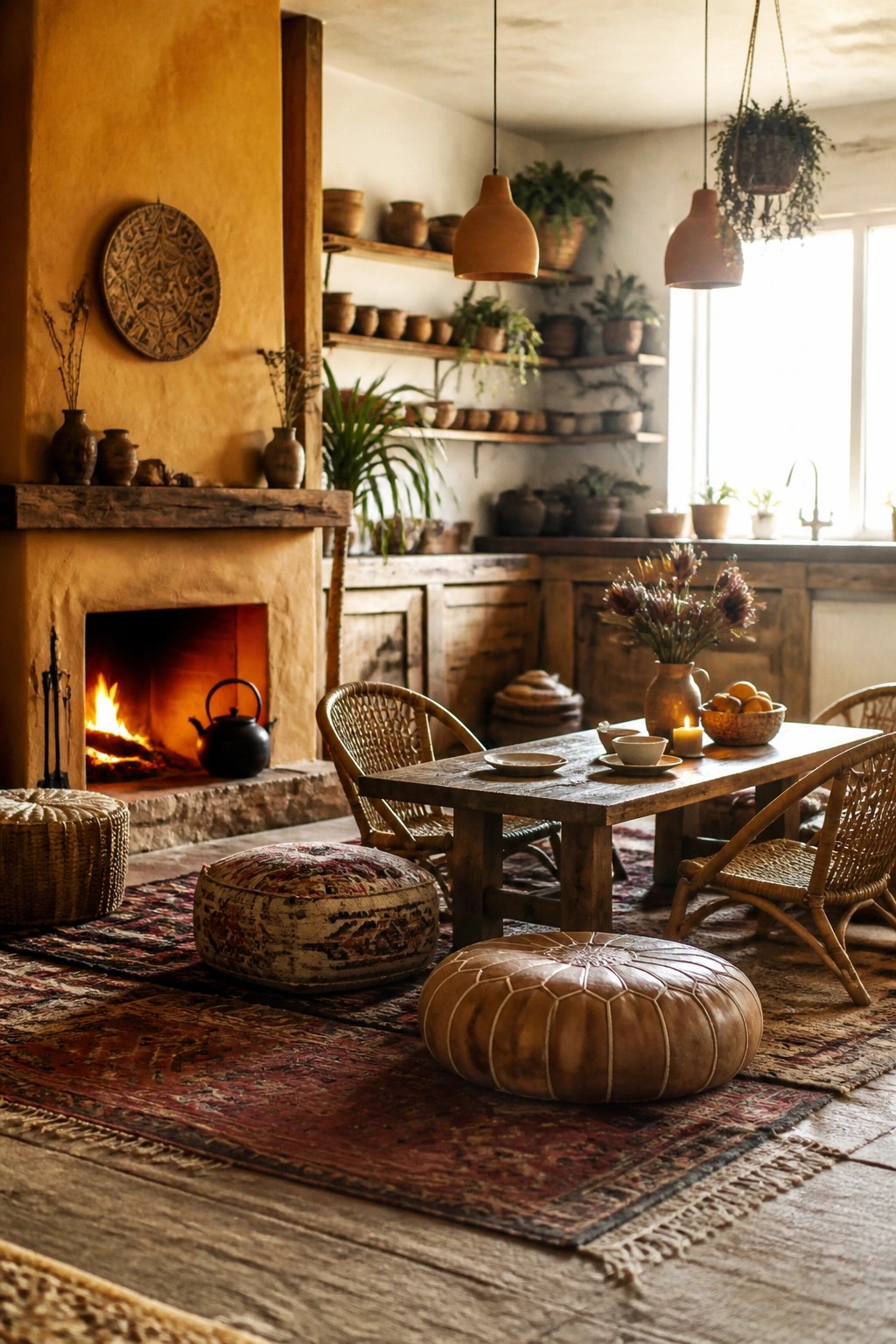 A cozy rustic kitchen with a lit fireplace, low wooden dining table, woven chairs, leather poufs, and patterned rugs on a wooden floor.