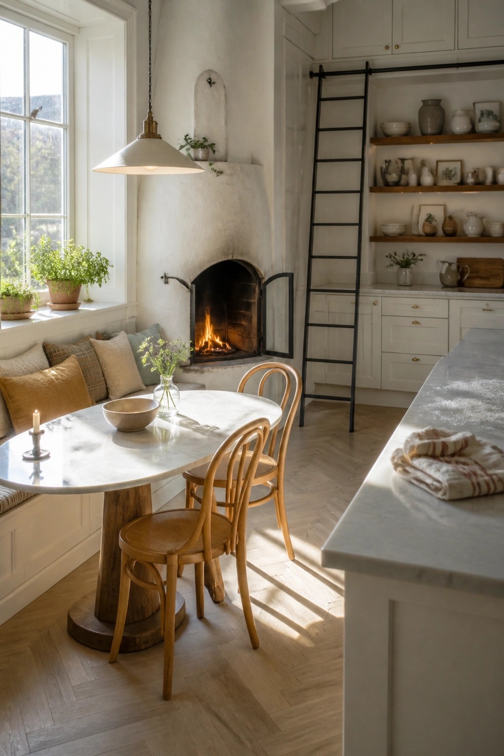 A kitchen with a white plaster fireplace, a round marble dining table with wooden chairs placed directly in front of the open fire, and white cabinetry with a rolling ladder.