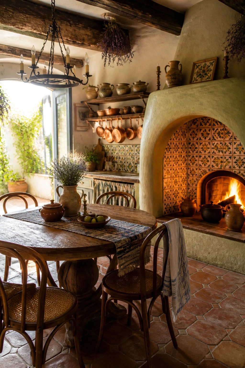 A rustic kitchen interior showing a large arched fireplace with colorful tiles, a round wooden dining table placed directly in front of it, and hanging copper pans on shelves above a tiled backsplash.