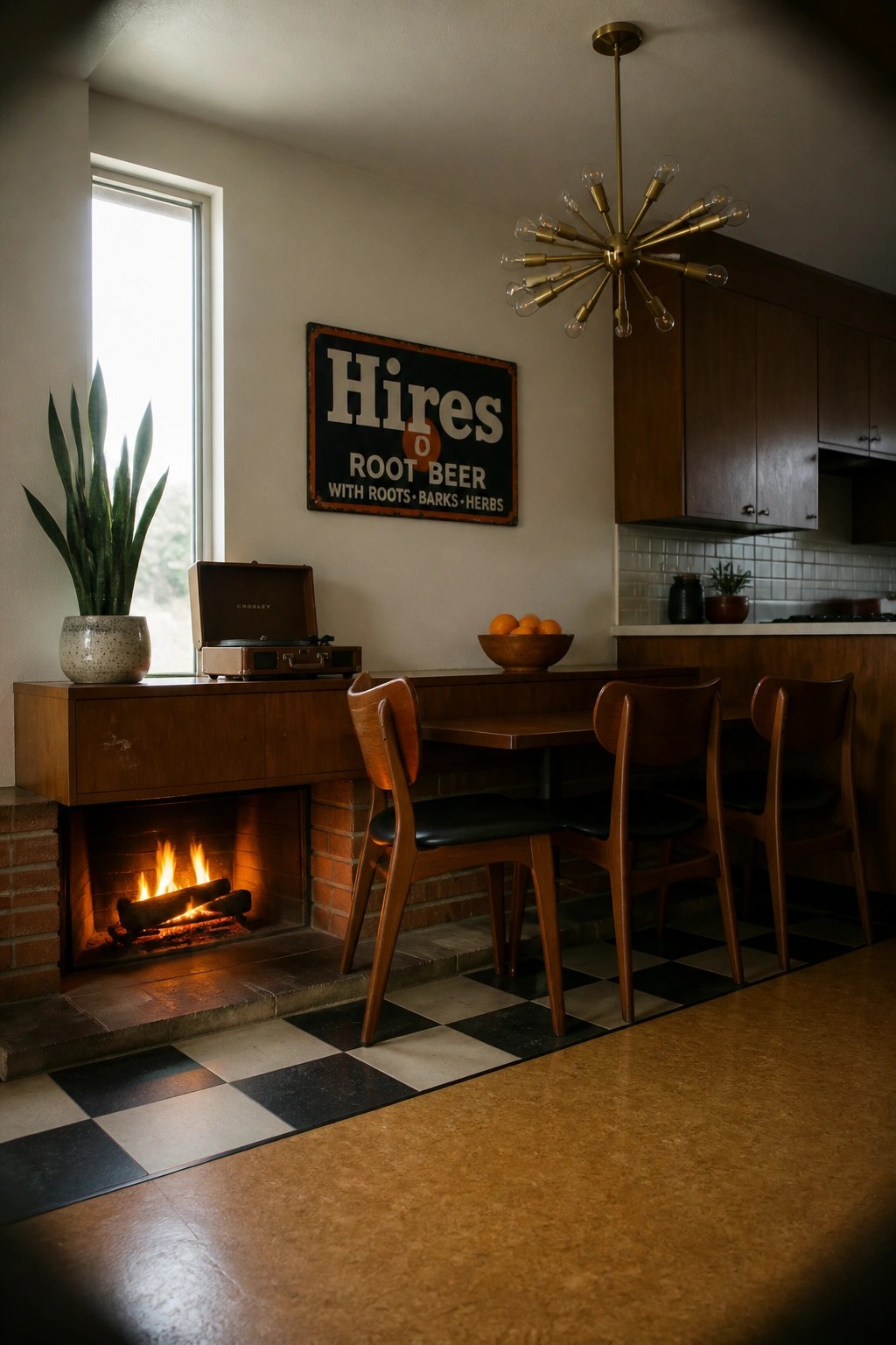 A midcentury kitchen with a brick fireplace, wooden counter above it holding a record player and plant, and a dining table with four wooden chairs on a black and white checkered floor.
