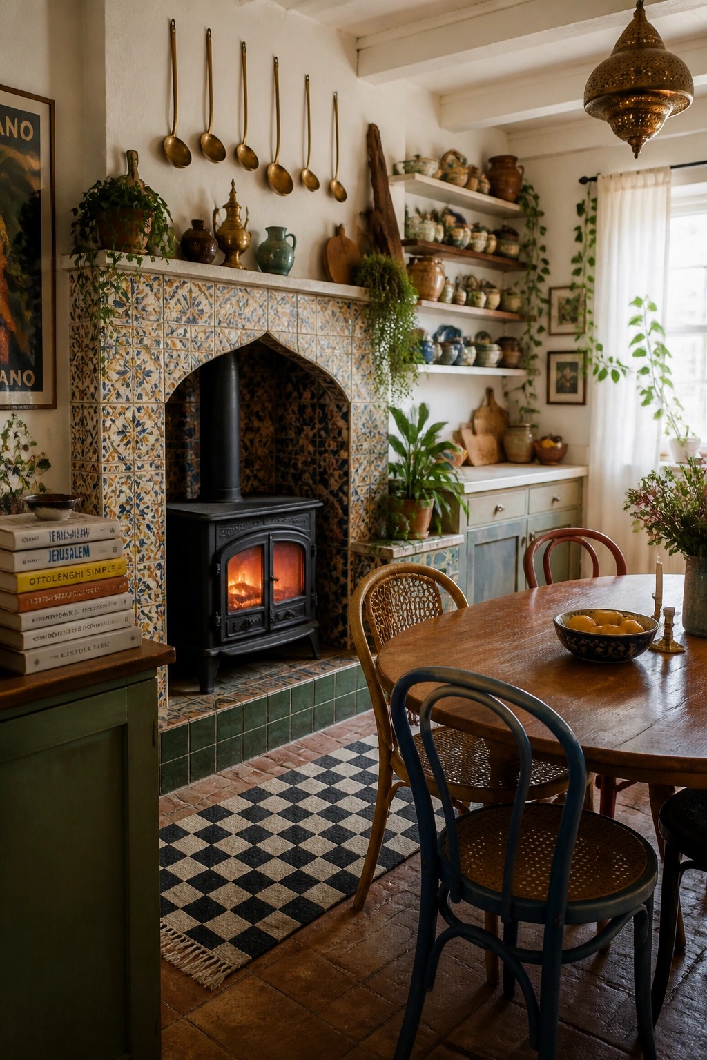 Interior view of a kitchen with a colorful tiled fireplace, a black wood stove, and a wooden dining table with woven chairs placed directly in front of it.