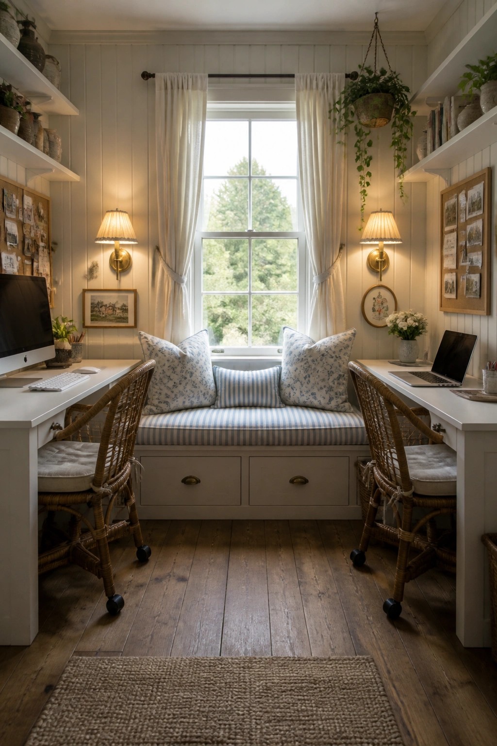 A bright home office with two white desks on either side of a large window, a blue striped built-in bench between them, and two wicker chairs pulled up to the desks.