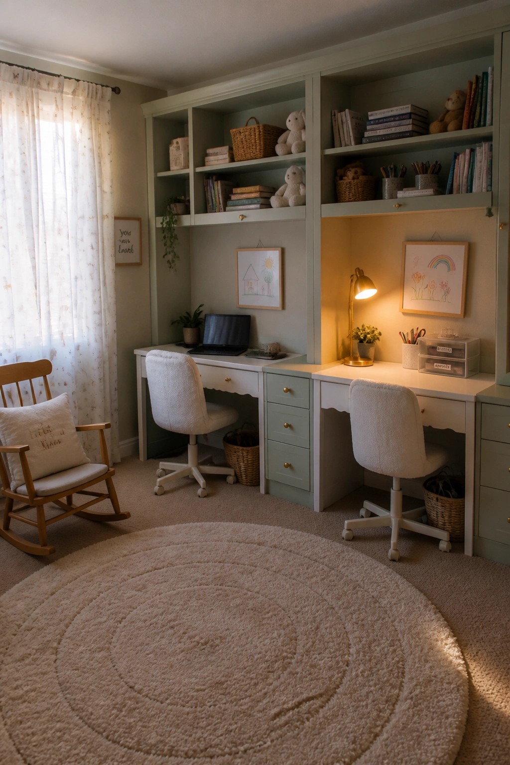 A children's study area with a built-in desk unit containing two separate workspaces, each with a white chair, and upper shelves holding books, toys, and baskets.