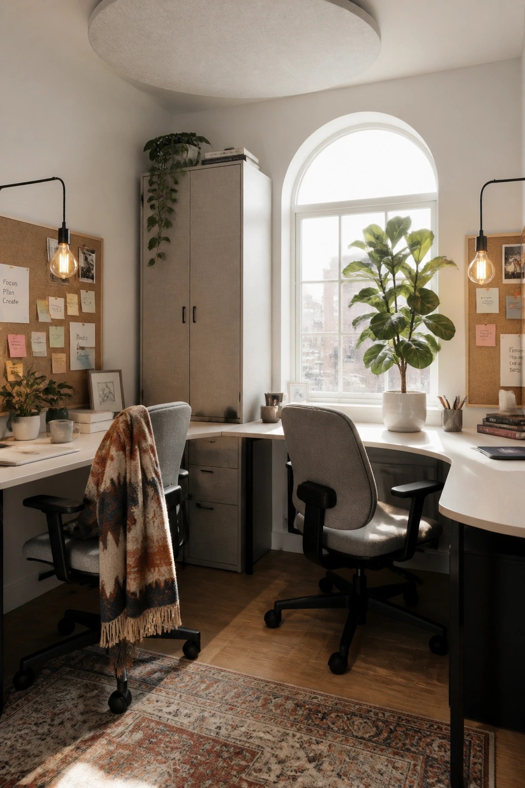 A home office with an L-shaped white desk, two gray office chairs, an arched window, and corkboards on the side walls.