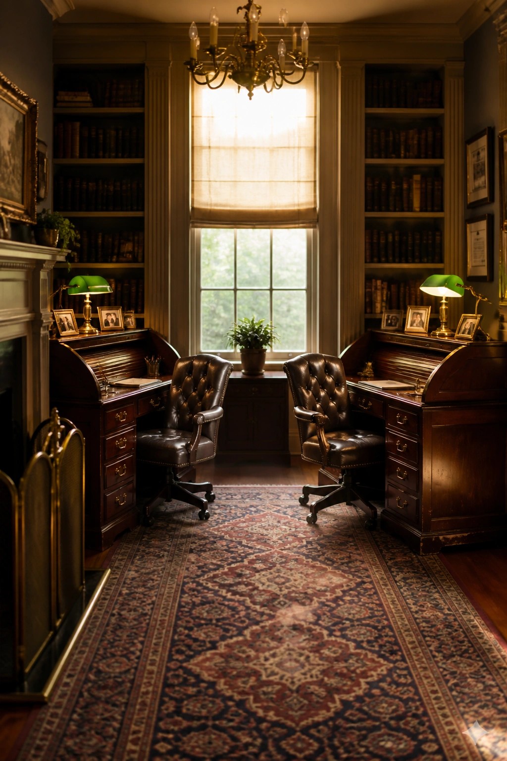 Classic study with twin rolltop desks, leather chairs, bookshelves, and patterned rug.