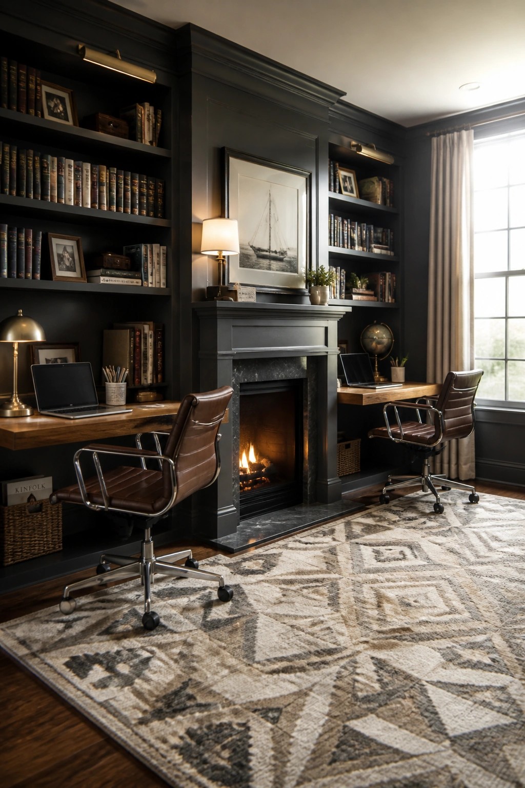 A dark home office with two desks and leather chairs placed on either side of a lit fireplace, surrounded by built-in bookshelves.