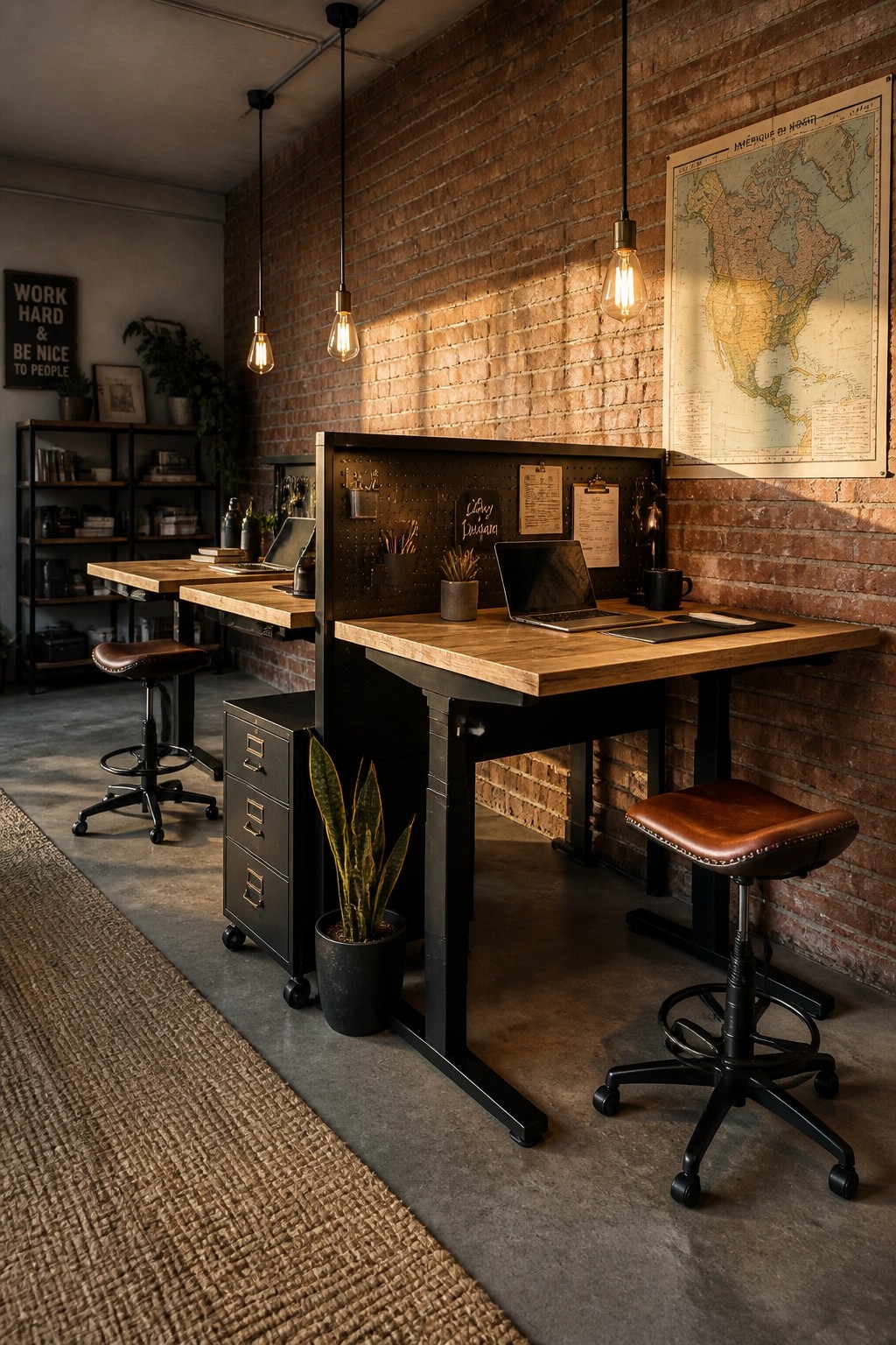 A shared wooden desk with a black central partition creating two workstations, each with a laptop and stool, set against a brick wall.