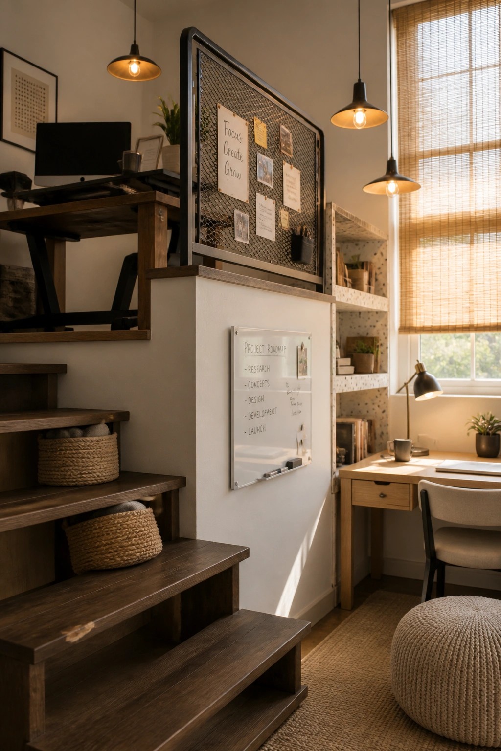 An interior home office features a large mesh board on the wall with pinned notes and images, a whiteboard listing a project roadmap below it, wooden stairs on the left, and a desk with chair near the window on the right.
