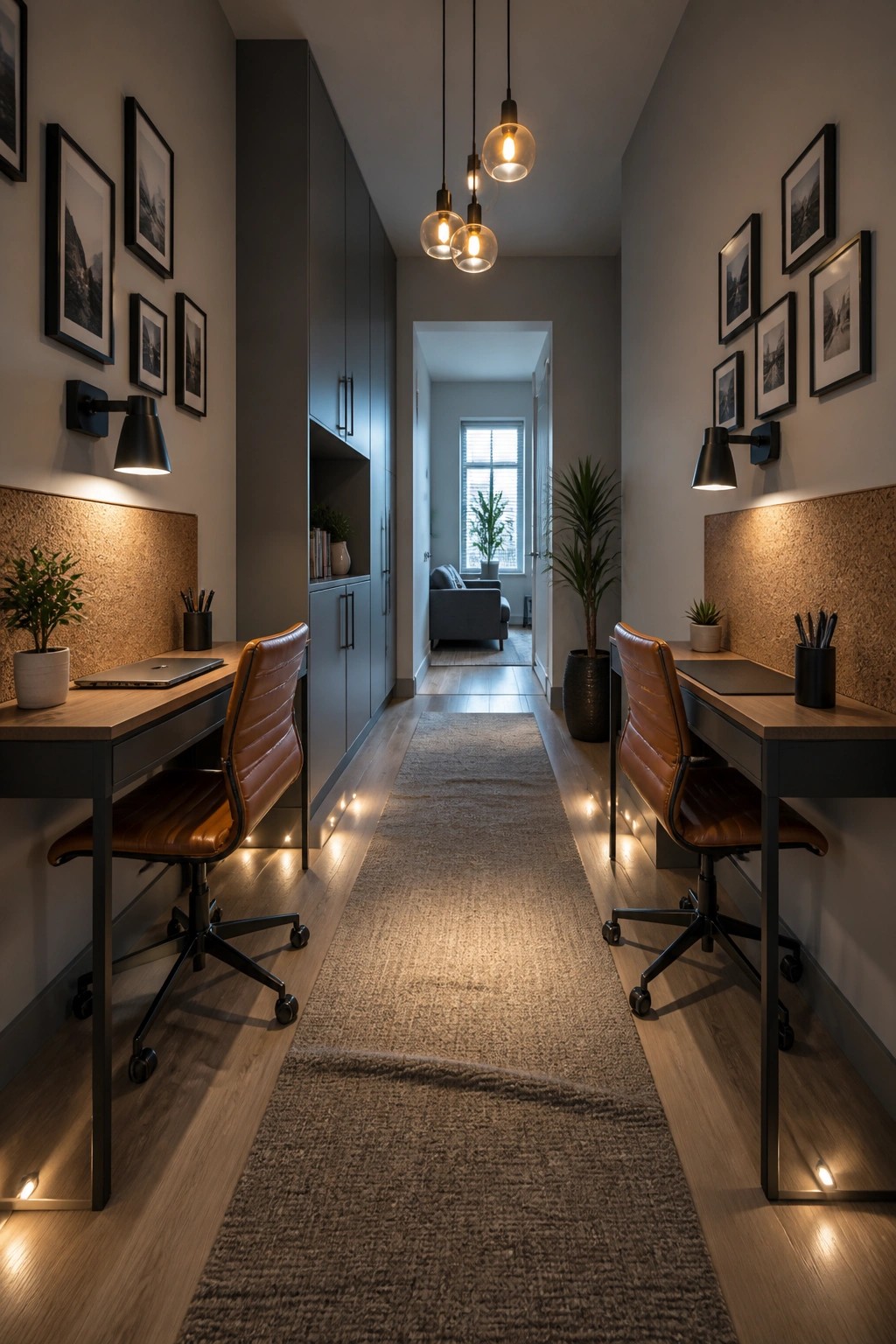 A narrow indoor office hallway with two facing wooden desks, brown leather chairs, corkboard wall panels, and wall sconces on both sides, with pendant lights overhead and a view into a living area at the end.