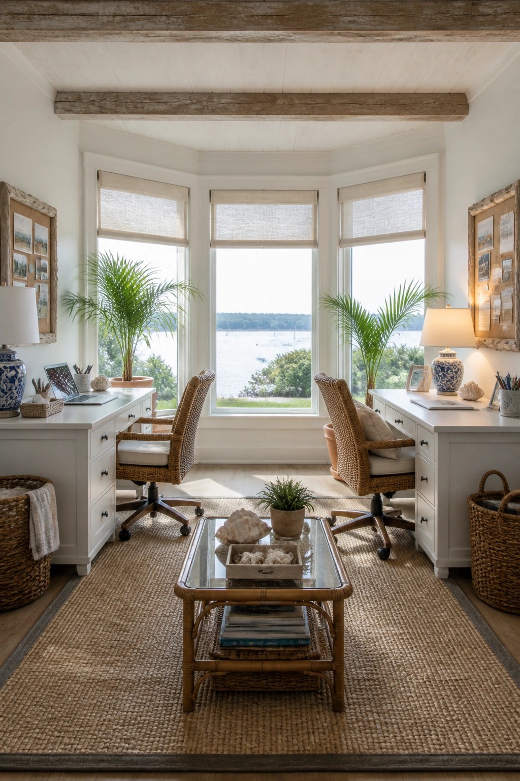 A bright home office with two white desks facing each other across a room, each paired with a woven chair and separated by a low glass coffee table on a large woven rug.