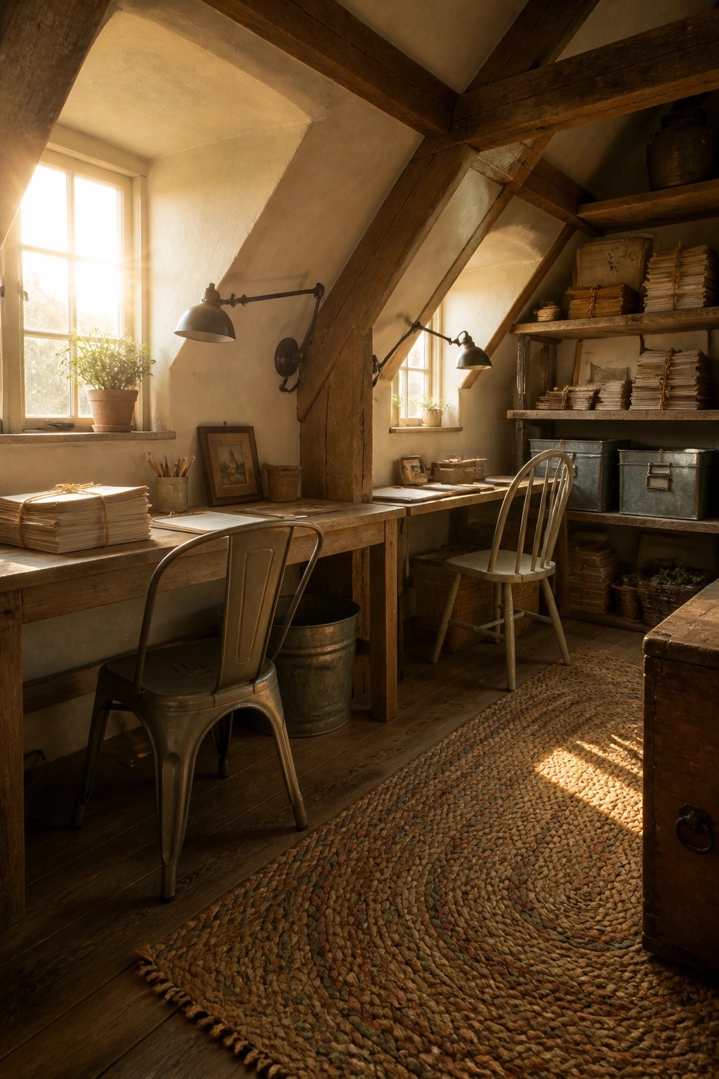 A rustic attic office with two wooden desks along opposite walls, each with a chair, task lamp, and scattered papers under exposed beams.