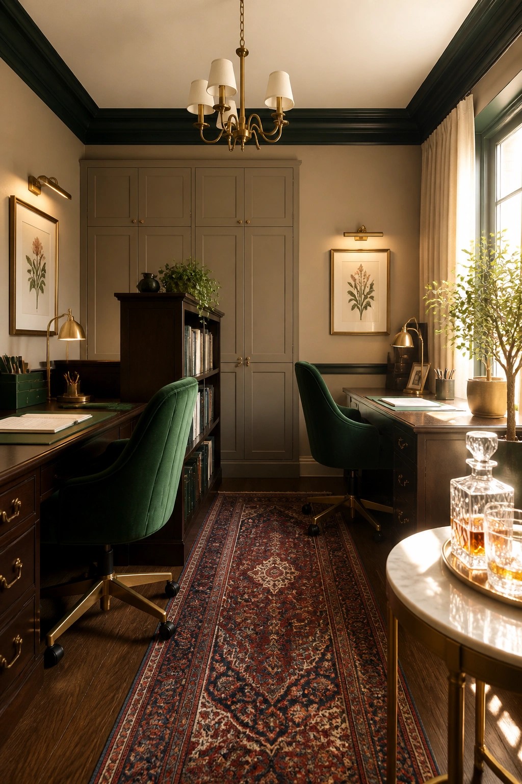 Elegant dark wood office with green velvet chairs, Persian rug, and brass chandelier.