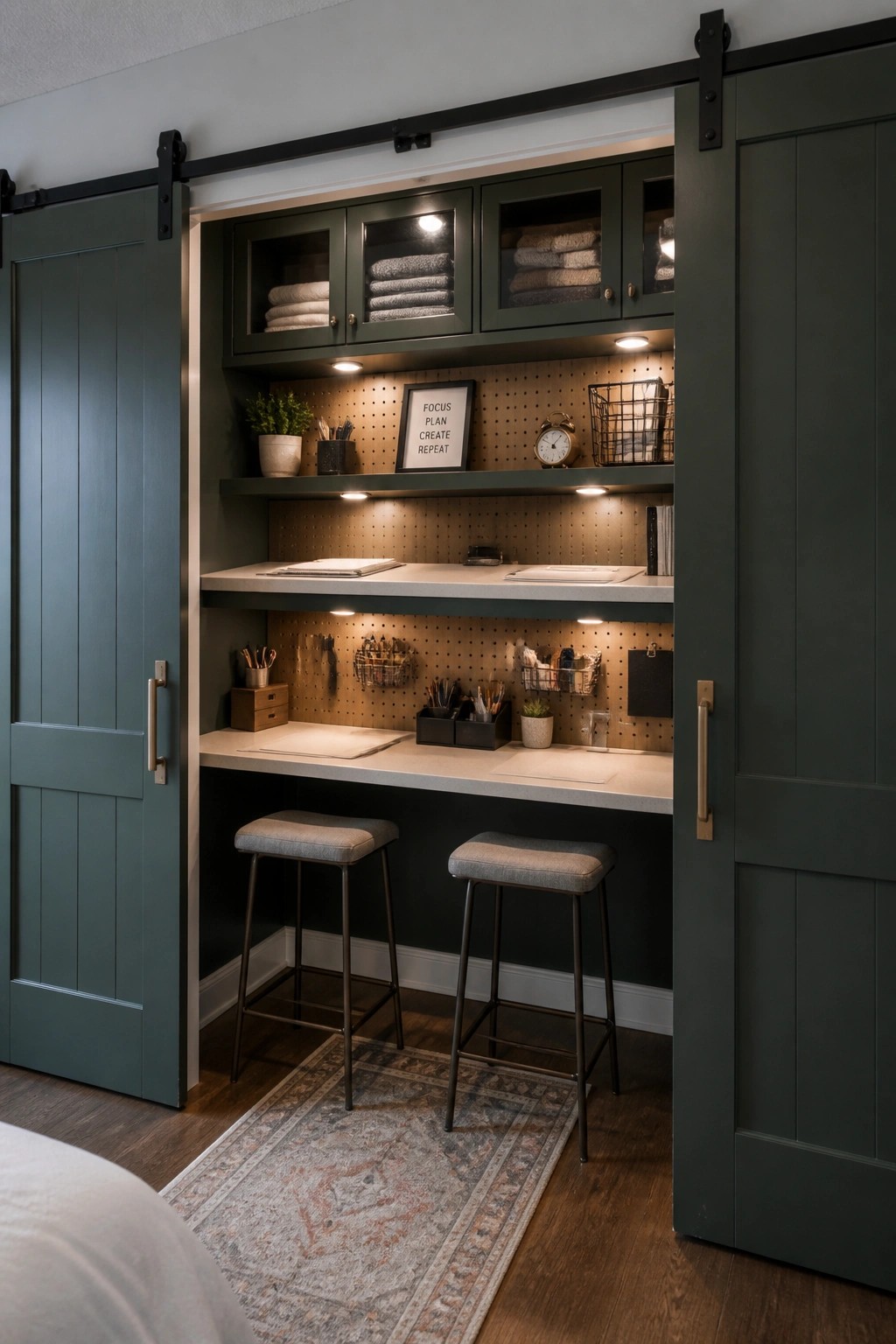 Interior view of a built-in desk area with two stools, pegboard walls, upper cabinets, and dark green sliding barn doors partially open.