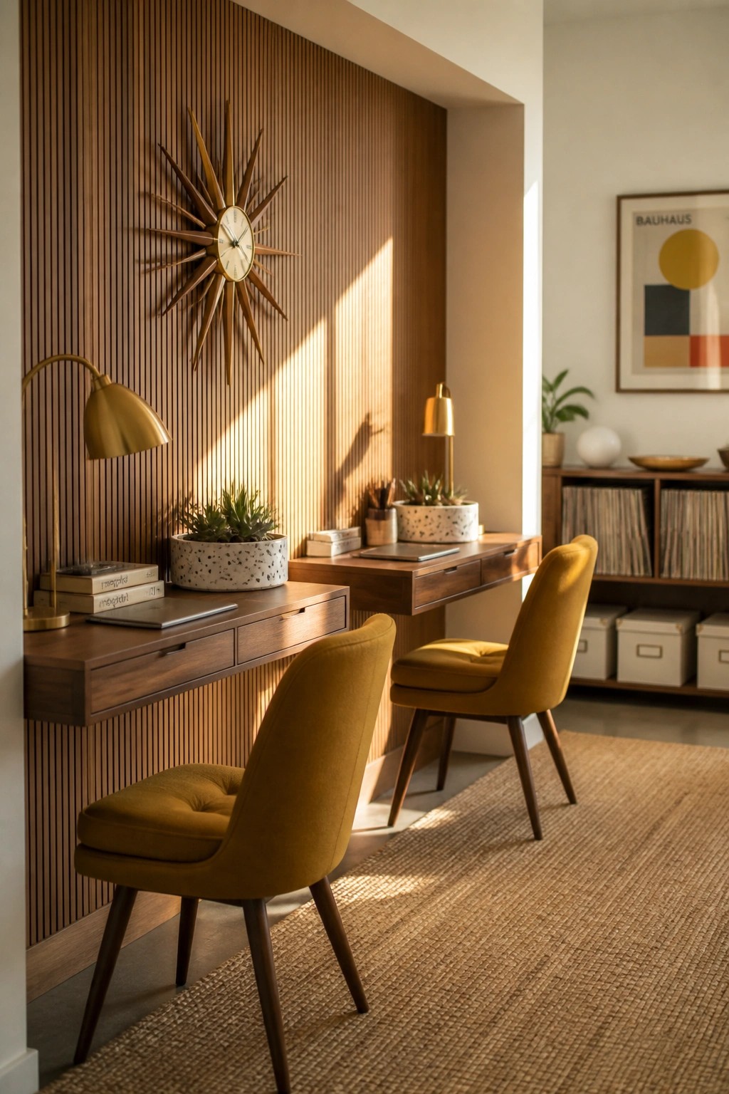 A home office featuring two wooden desks against a vertical wood slat wall, each with a mustard yellow upholstered chair, brass lamp, potted plant, and books.