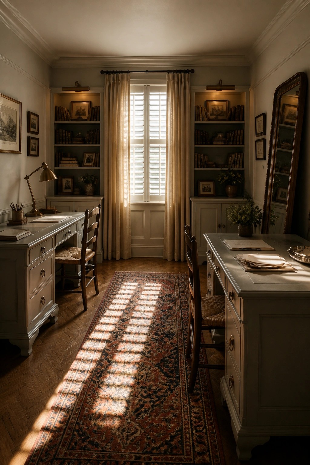 A home office interior with two desks positioned on opposite sides of a long patterned rug, bookshelves along both walls, and a central window with curtains.