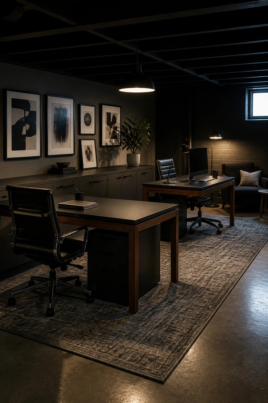 A dark modern home office with two separate desks and chairs placed apart on a large gray rug, with framed art on the wall and a potted plant nearby.