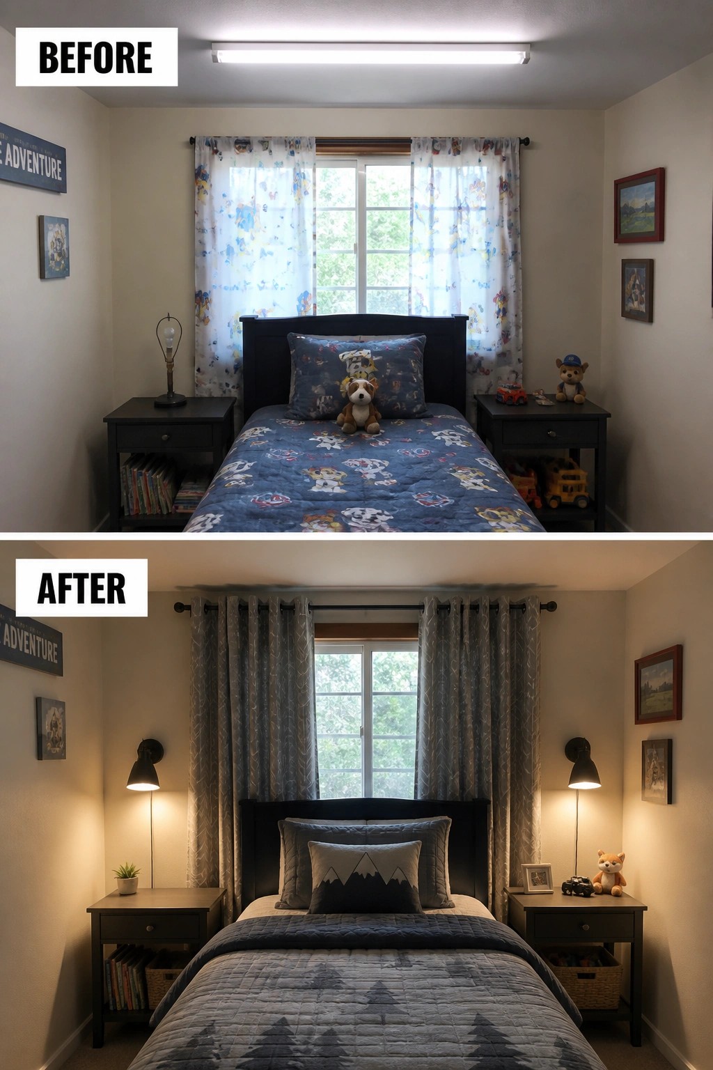 Before-and-after image of a bedroom updated with bedside lamps, new curtains, and a change in bedding and nightstand styling.
