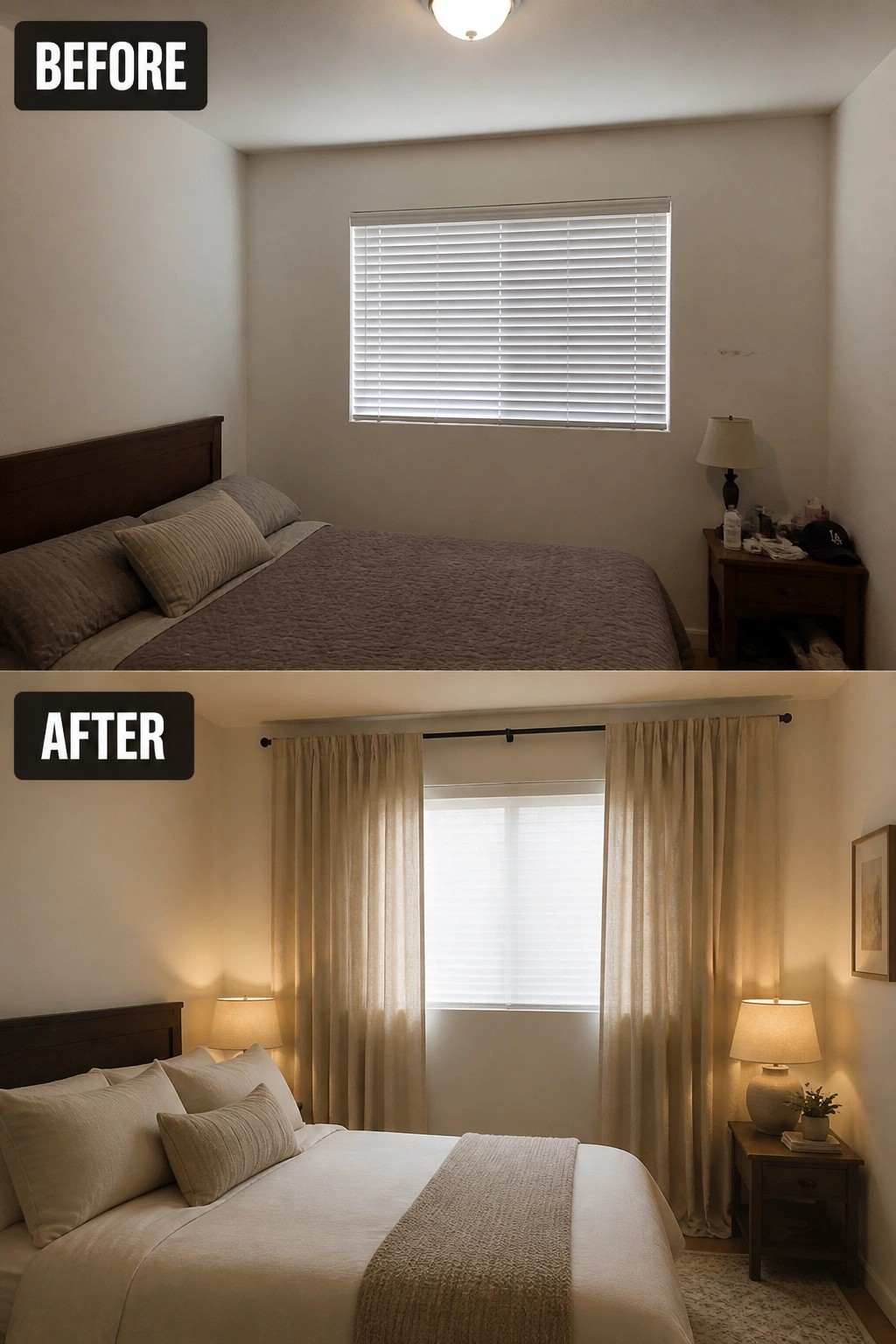 Before and after bedroom with new curtains, bedding, lamps, and rug.