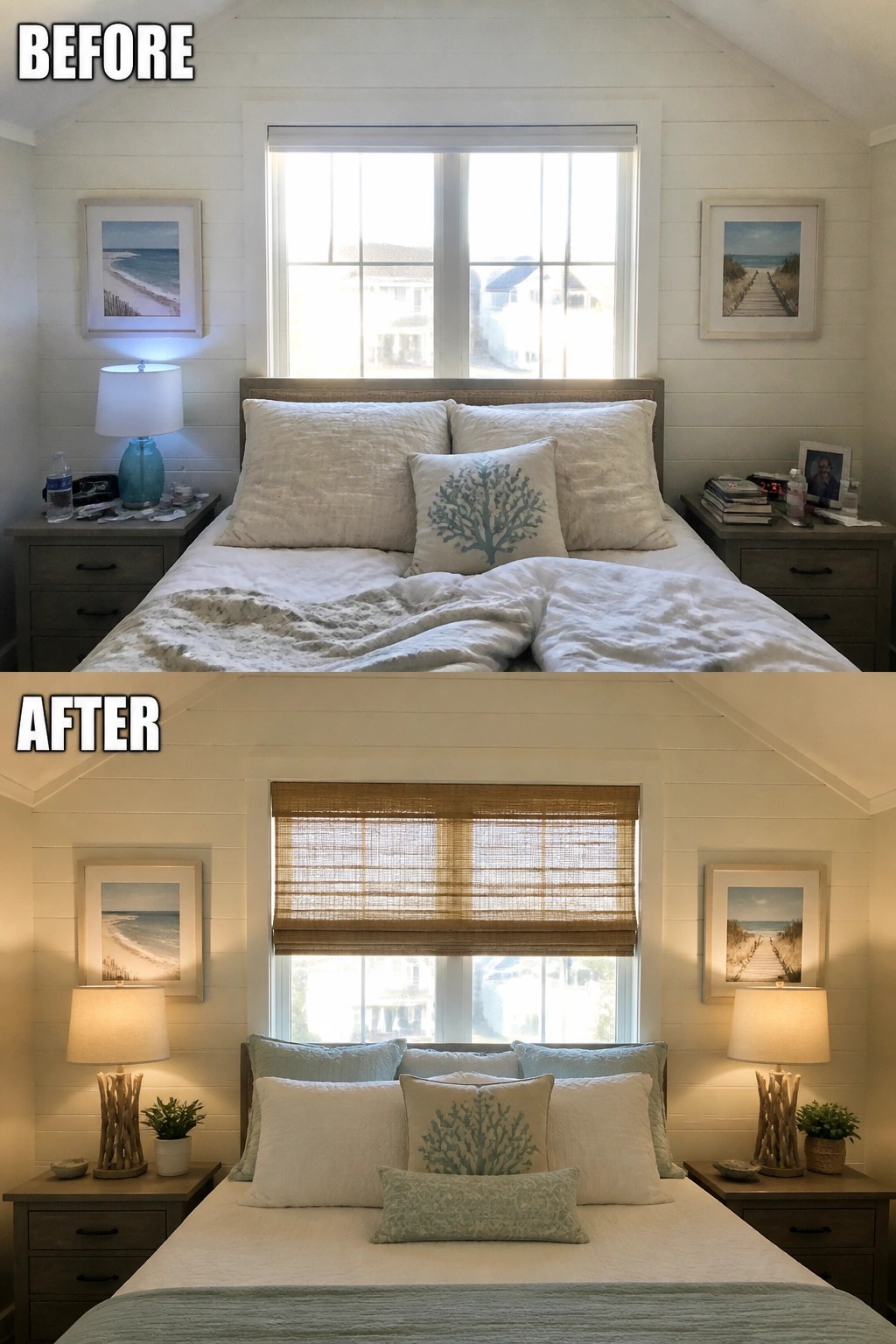 Before and after bedroom with new shades, lamps, pillows, and tidy decor.