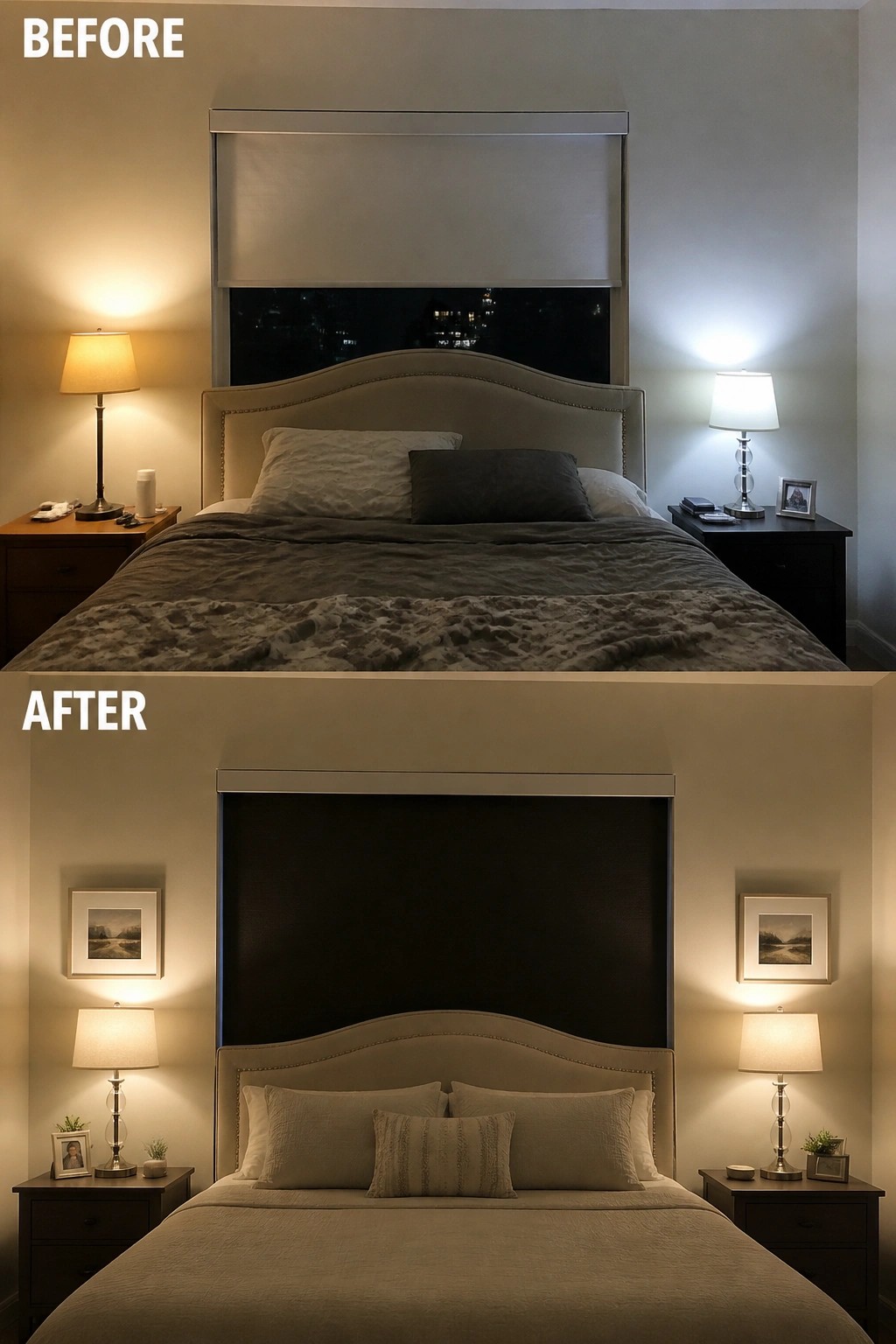 Before and after bedroom with updated dark headboard, lamps, art, and bedding