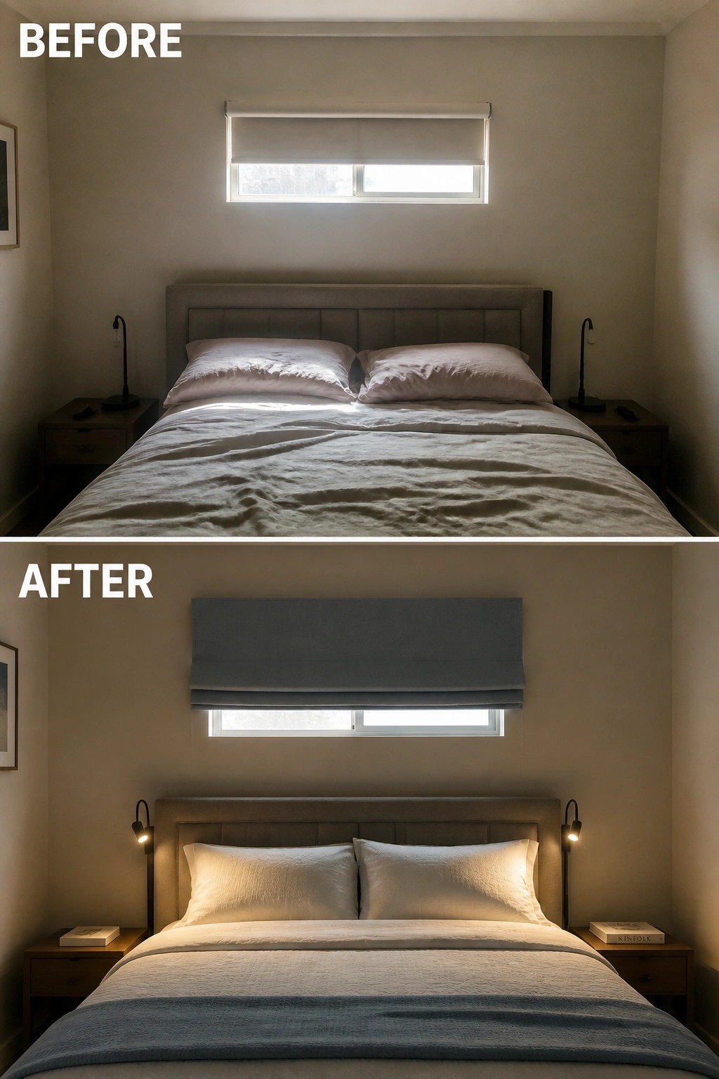 Before-and-after bedroom with rumpled bed transformed to neat linens, gray shade and lit lamps
