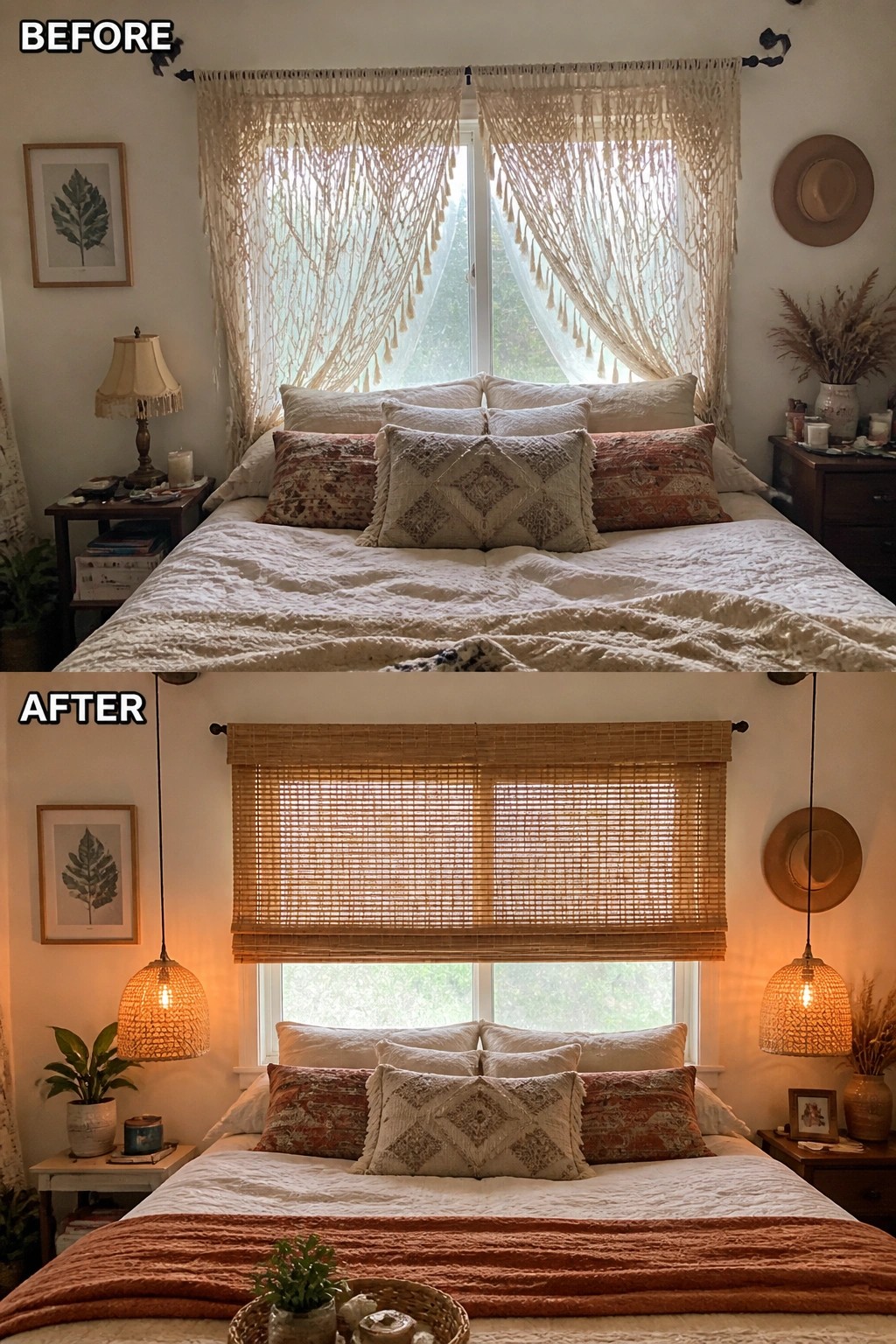 Before-and-after image of a bedroom with macrame curtains replaced by bamboo blinds and pendant lights added on both sides of the bed.
