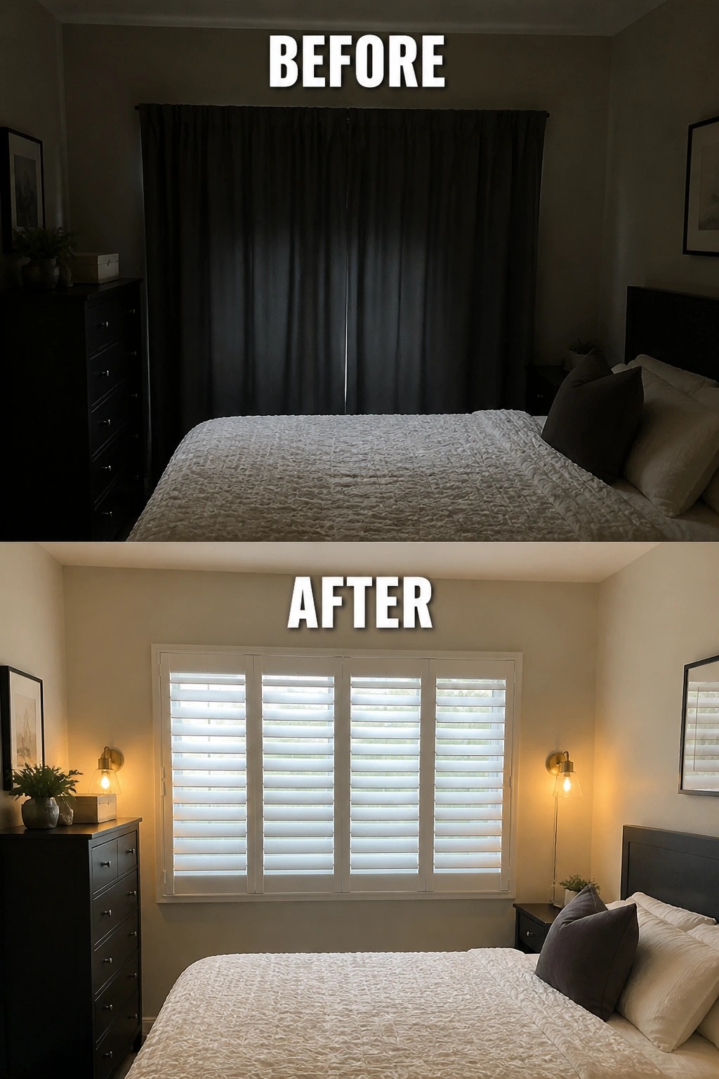 Before and after bedroom with dark curtains swapped for white shutters and sconces.