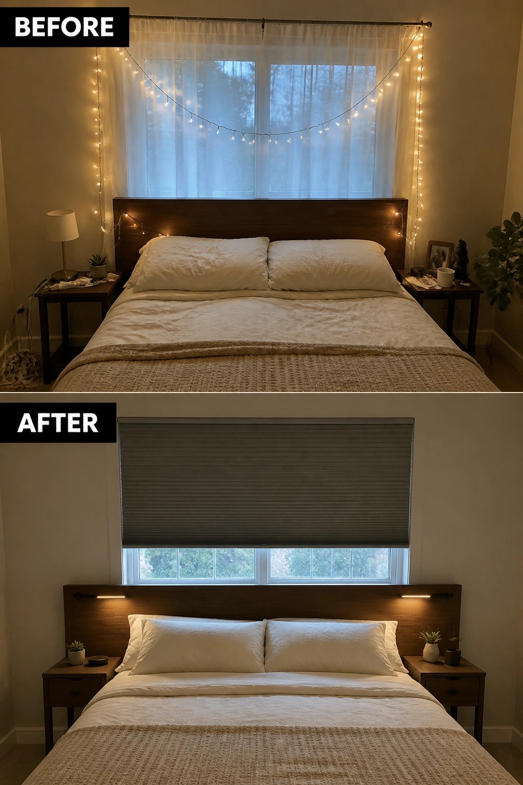 Before and after bedroom with string lights replaced by gray shade and lit headboard