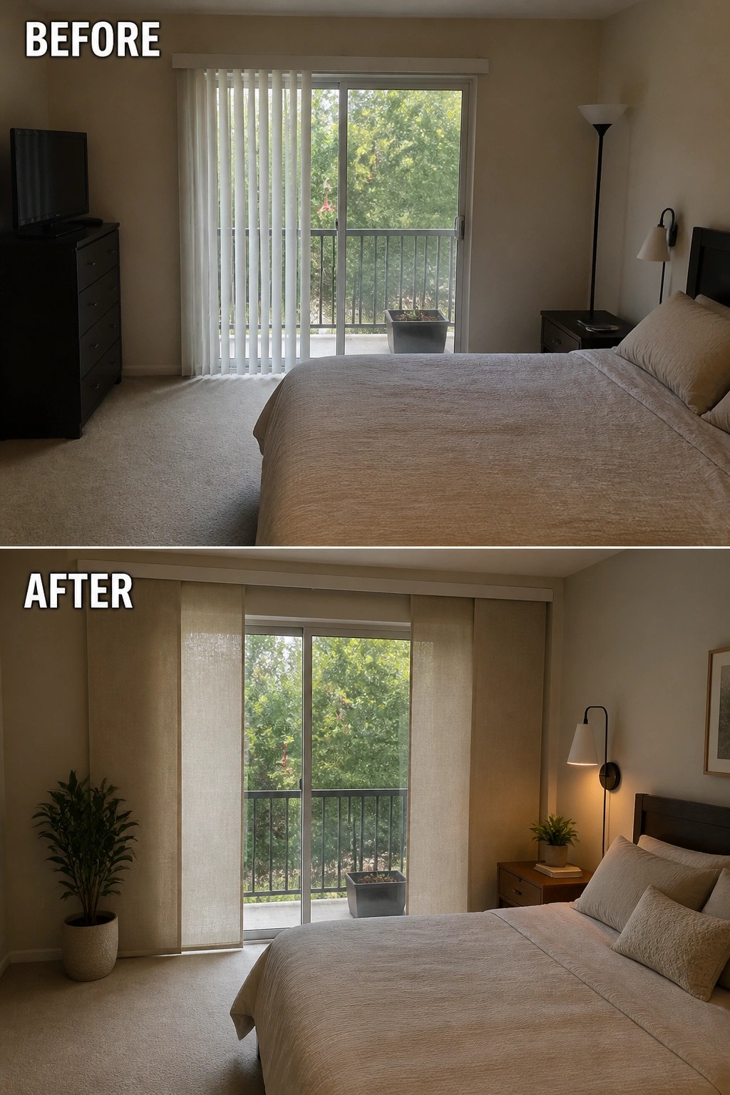 Before and after bedroom views with beige bedding, sliding doors, and sheer curtains.