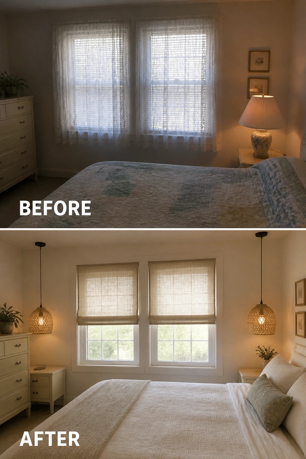 Before-and-after image of a bedroom with lace curtains and a table lamp changed to roller shades and pendant bedside lights.