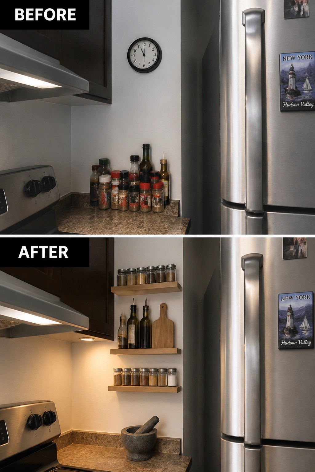 Before-and-after image of a kitchen corner showing cluttered countertop spices and bottles moved onto new floating wall shelves with a clear counter below.
