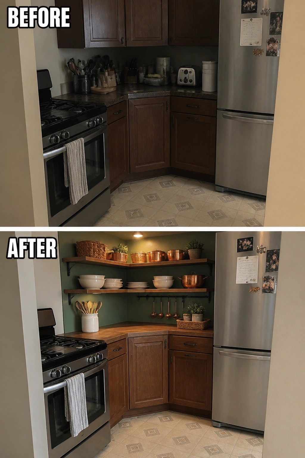 Before and after kitchen with dark cabinets, green walls, and open wooden shelves