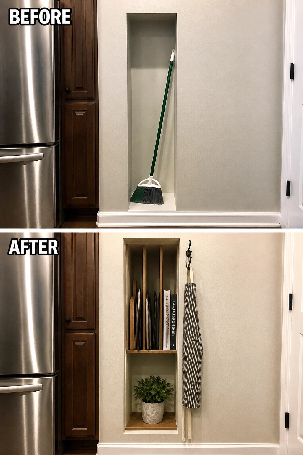 Before-and-after of recessed kitchen alcove converted from broom storage to organized shelves with plant.