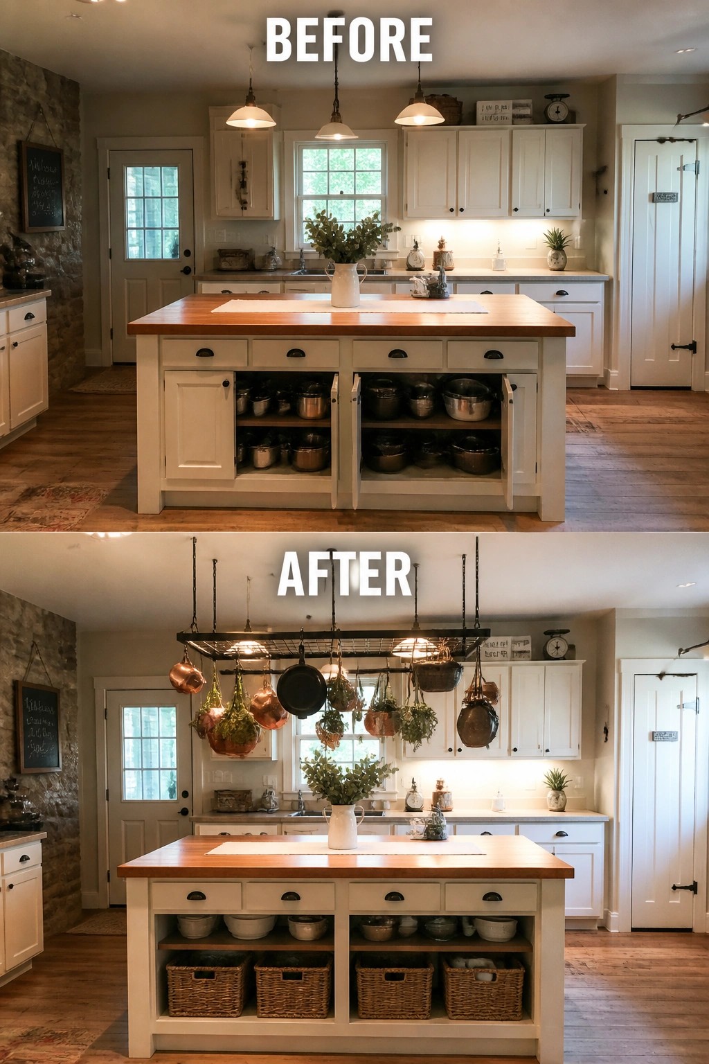 Before and after kitchen island with hanging pots, pans, and storage baskets.