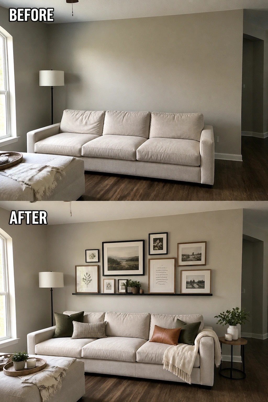 Before and after of beige sofa with gallery wall art and pillows added.