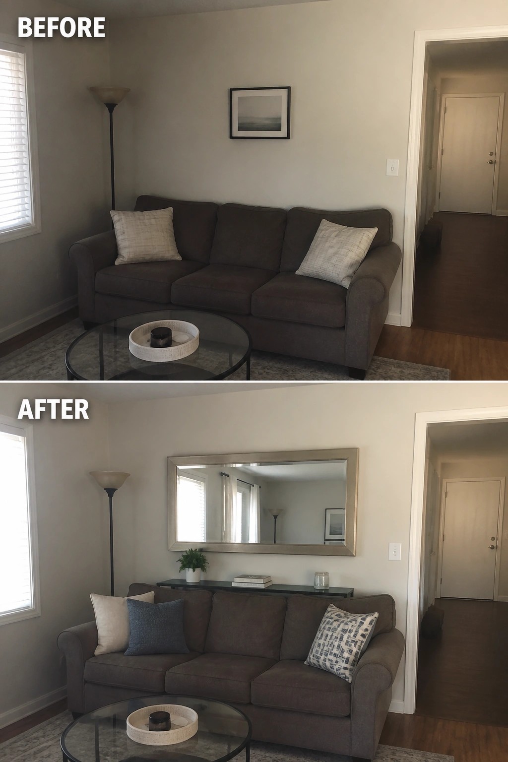 Before and after living room with added mirror, console table, and rearranged pillows.