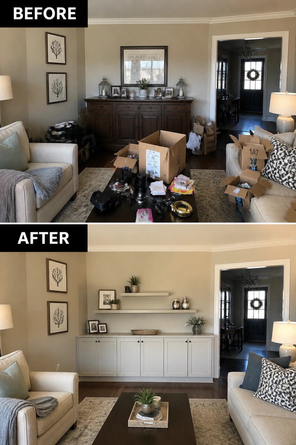 Before-and-after image of a cluttered living room updated with white built-in cabinets and floating shelves.