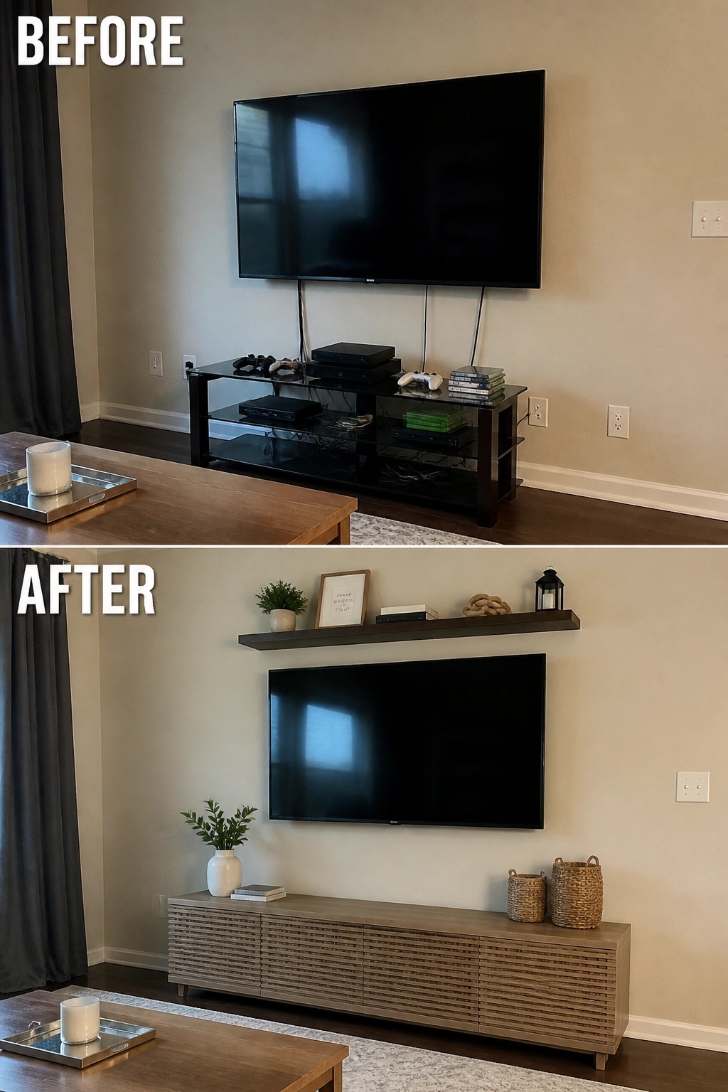 Before and after of TV on black stand versus modern wooden console with floating shelf