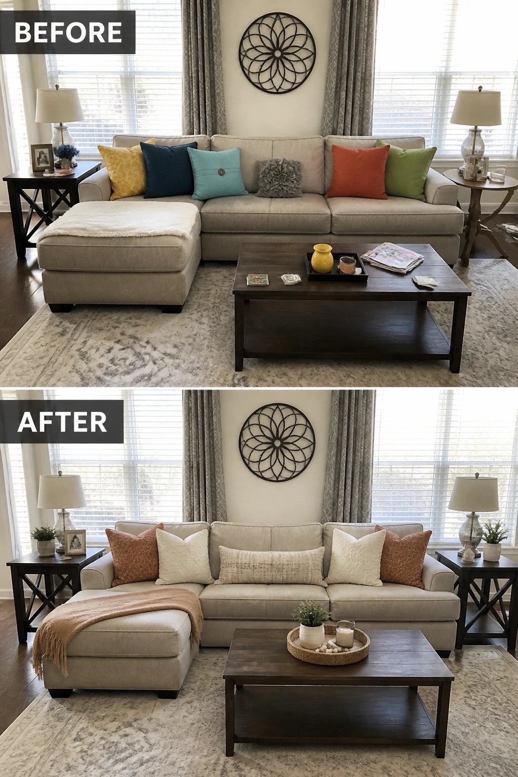 Before-and-after image of a living room with updated neutral pillows, rust accents, a throw on the chaise, and styled side tables.