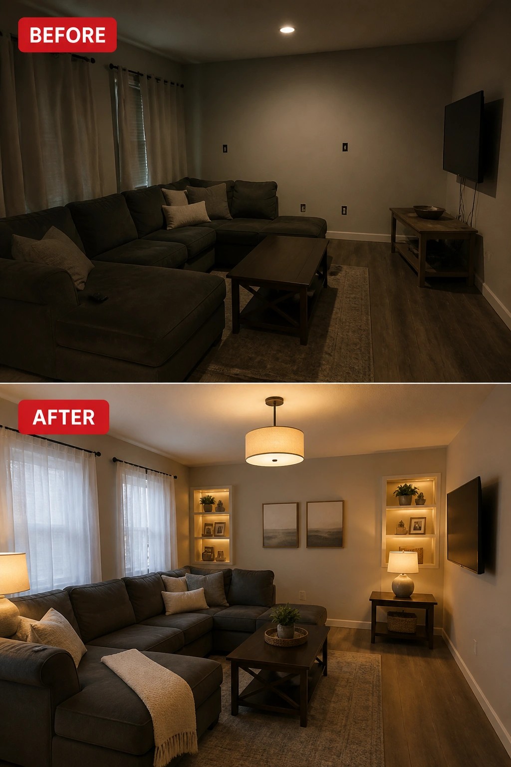 Before and after living room renovation with brighter lighting and built-in shelves.