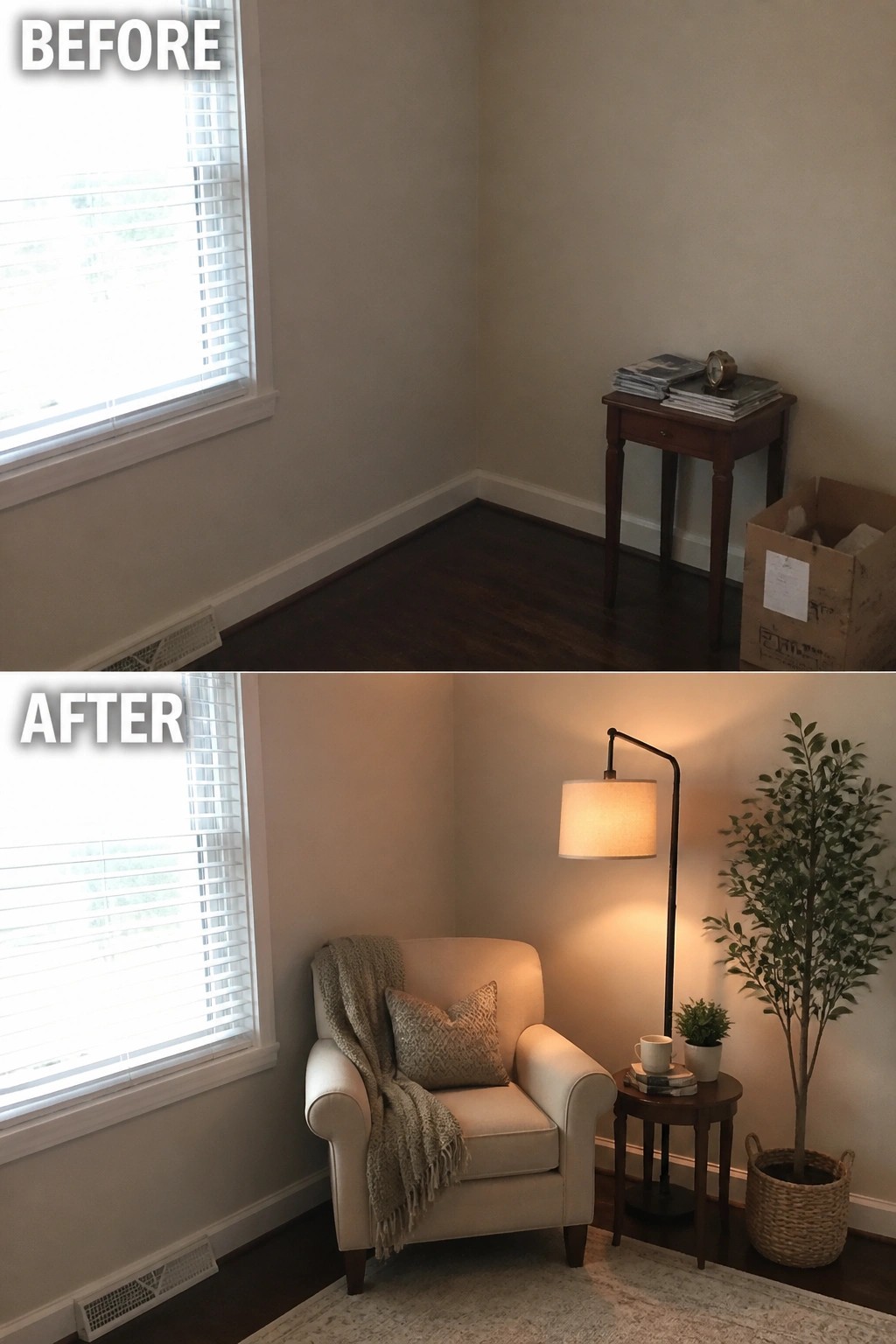 Before and after of bare corner turned into cozy nook with armchair, lamp, and plants