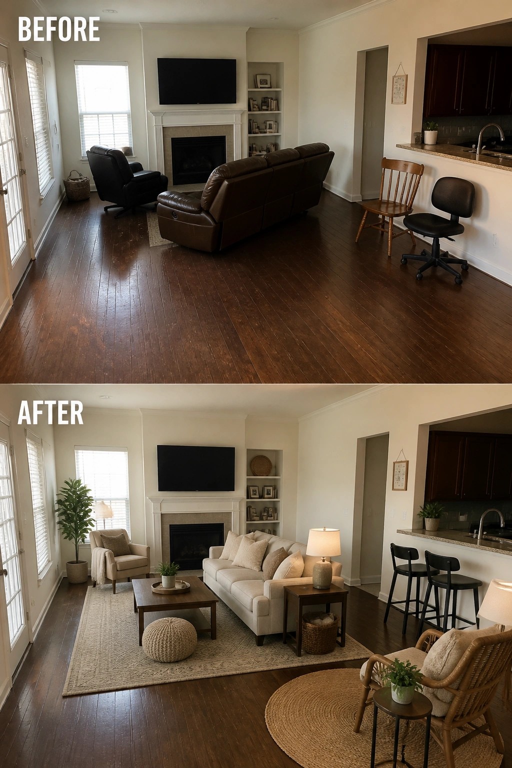 Before-and-after image of a living room transformed by adding a large area rug, neutral sofa, coffee table, lamps, and rearranged seating to create a complete space.