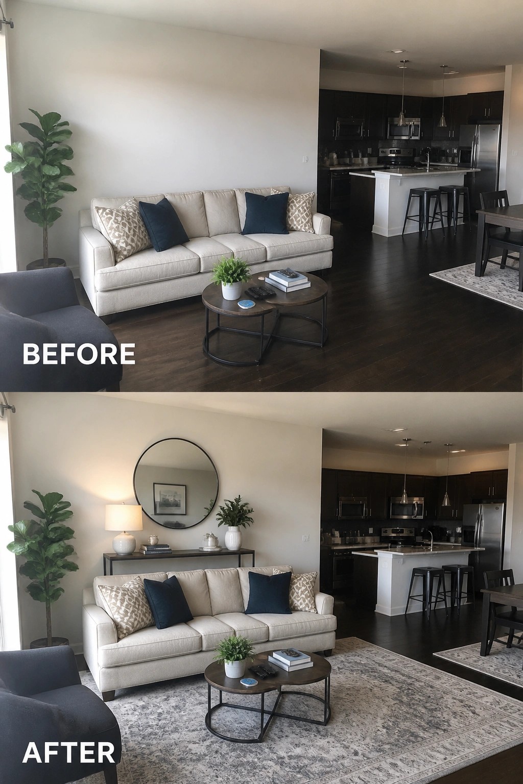 Before and after living room with beige sofa, round mirror, rug, and kitchen.