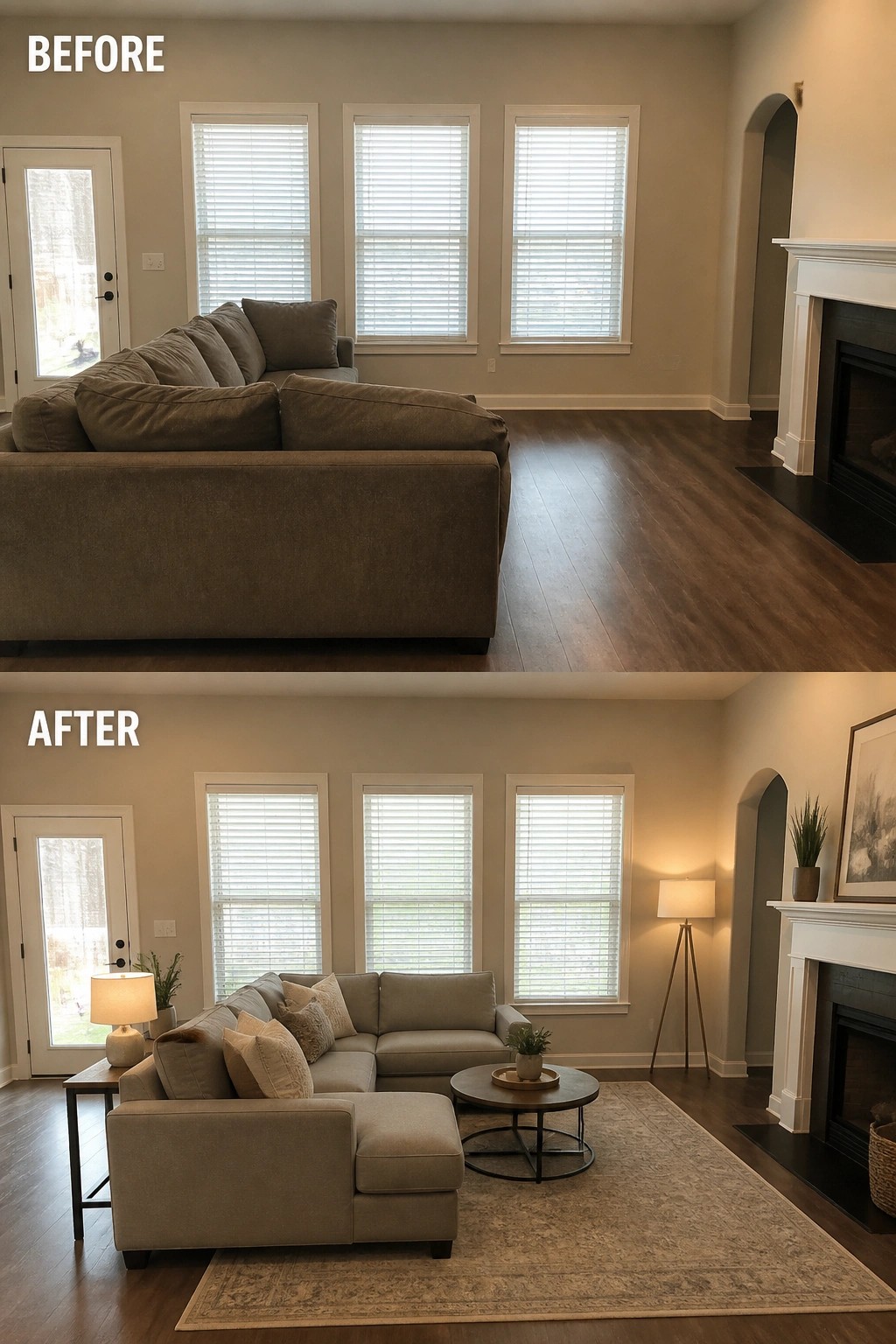 Before and after living room with sectional sofa, rug, lamps, and fireplace decor