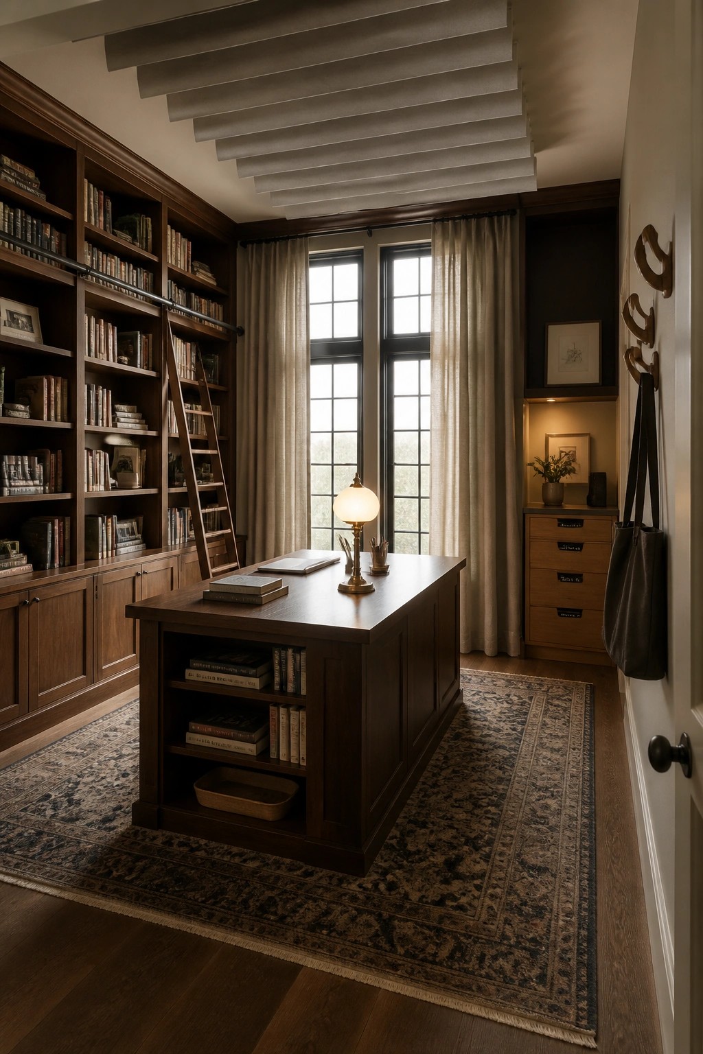 A home office with a large wooden central desk on a patterned rug, surrounded by built-in bookshelves, a rolling ladder, and two windows with curtains.