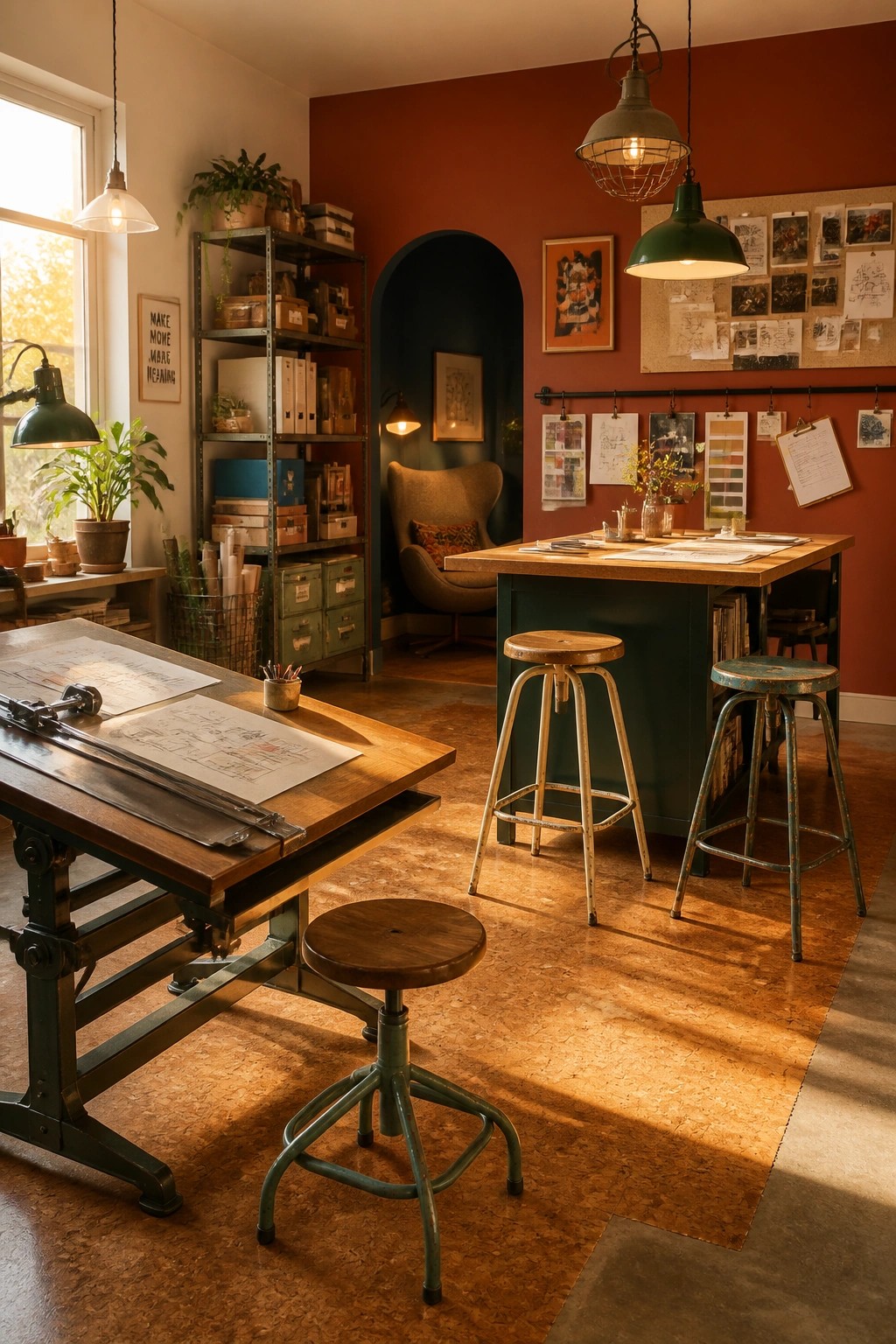 A home office interior featuring a large green island desk with two stools, a separate drafting table, red walls with pinned artwork, and industrial pendant lights.