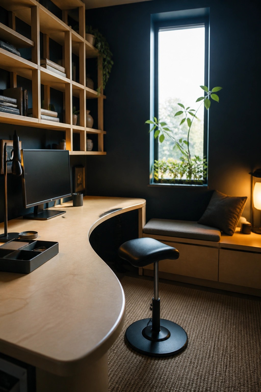 A modern home office featuring a curved light wood desk against a dark wall, with built-in shelves, a computer monitor, an adjustable black stool, and a tall window with a cushioned bench seat.