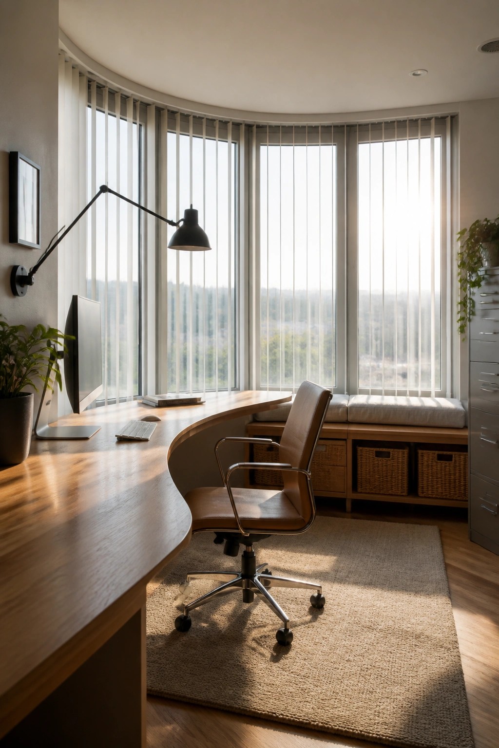 A home office featuring a curved wooden desk positioned in front of a large bay window with vertical blinds, a brown leather office chair on a beige rug, and a window seat with woven baskets stored underneath.
